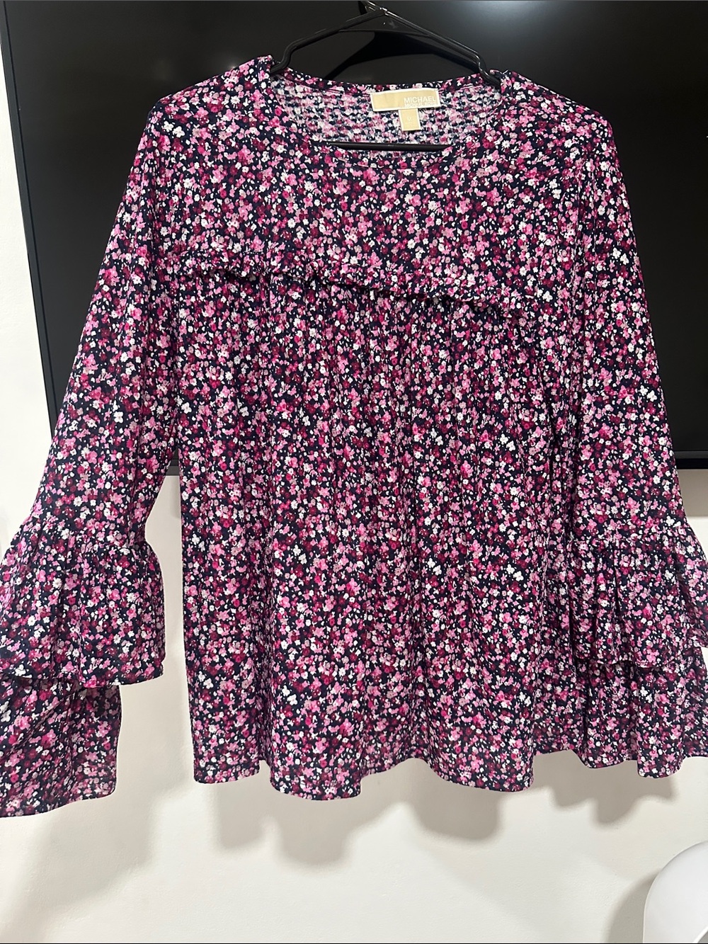 Floral Ruffle Sleeve Blouse - Pink & Black